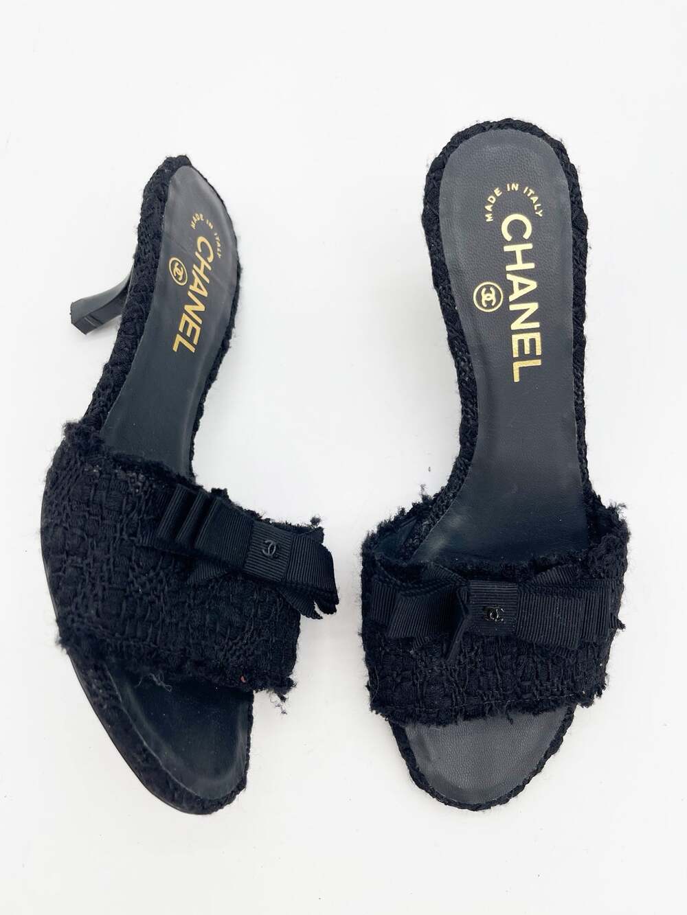 Chanel Vintage Karl Lagerfeld Black Boucle Tweed Bow CC Logo Mule Heels EU 36